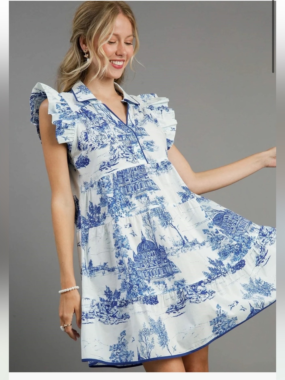 Umgee Blue Landscape Toile Flutter Sleeve Dress